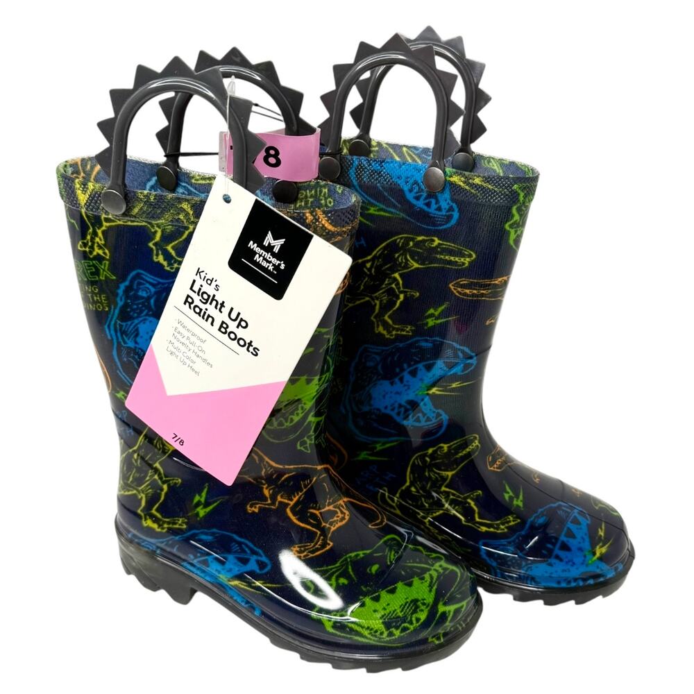 NEW Light Up RAIN BOOTS 7/8 Boys Kids Dinosaur T REX Rubber Boot Shoes Lights